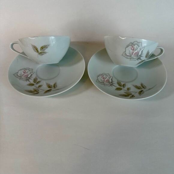Noritake Edenrose 2 Flat Cup & Saucer Sets Gray/Pink/White Roses VTG - Picture 3 of 15